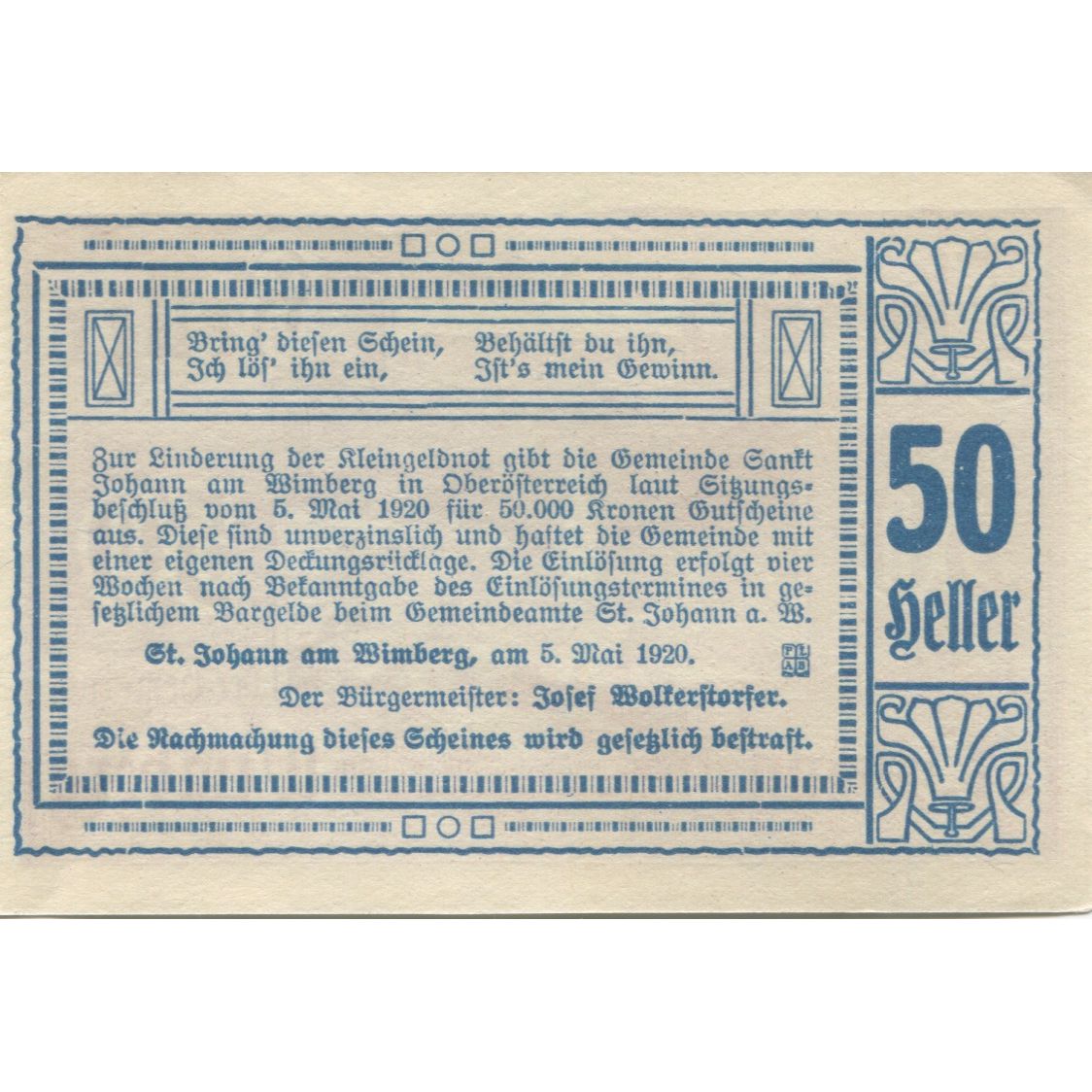 Banknote, Austria, St Johann, 50 Heller, village, 1920, UNC(63), Mehl:FS 894aa