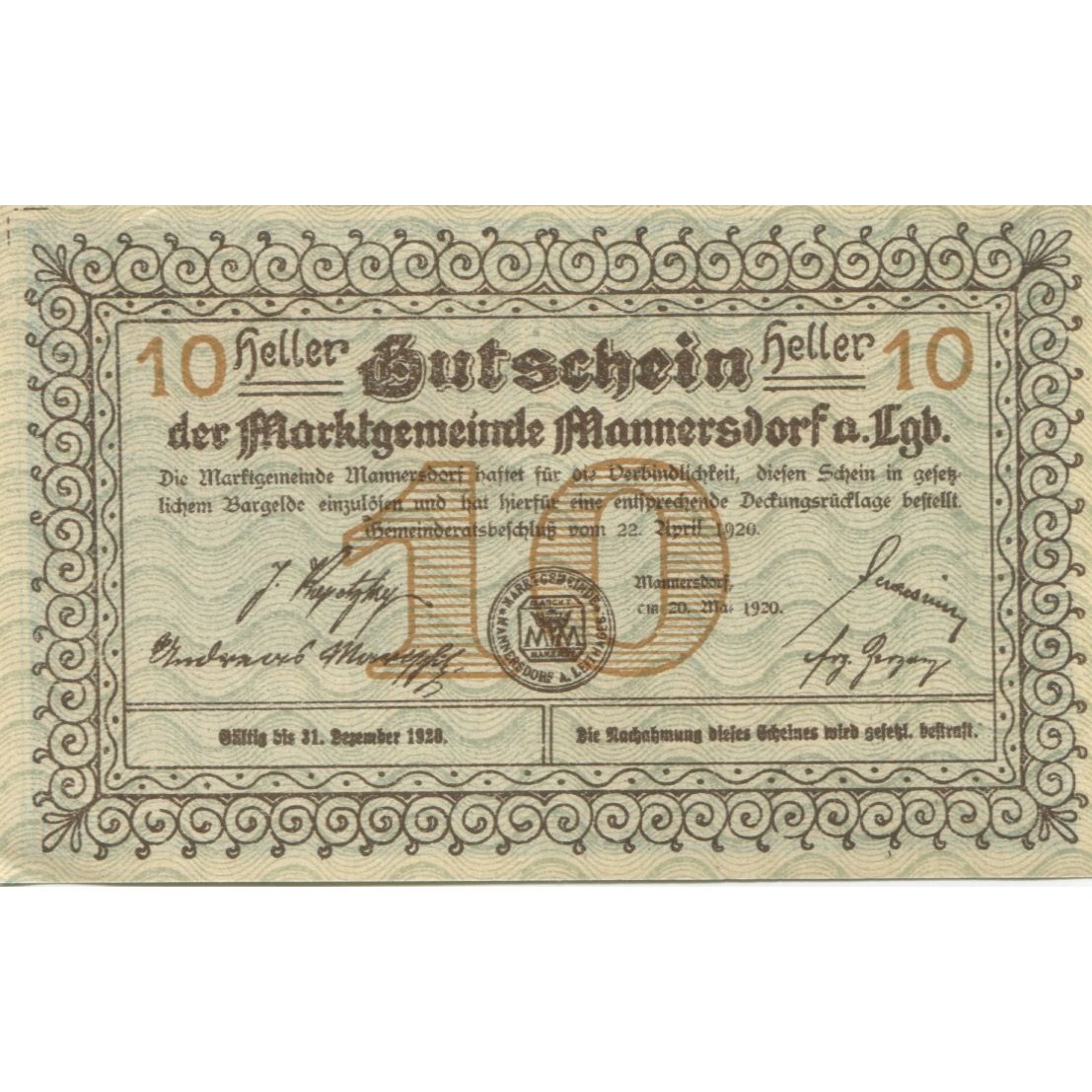 Banknote, Austria, Mannersdorf, 10 Heller, village, 1920 UNC(63) Mehl:FS 577a