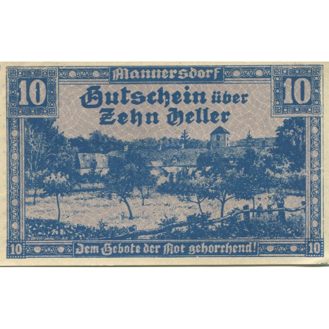 Banknote, Austria, Mannersdorf, 10 Heller, village, 1920 UNC(63) Mehl:FS 577a