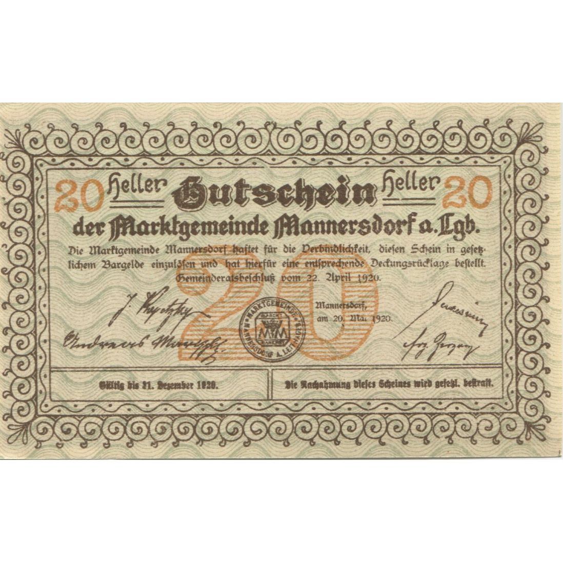Banknote, Austria, Mannersdorf, 20 Heller, ruine, 1920 UNC(63) Mehl:FS 577a
