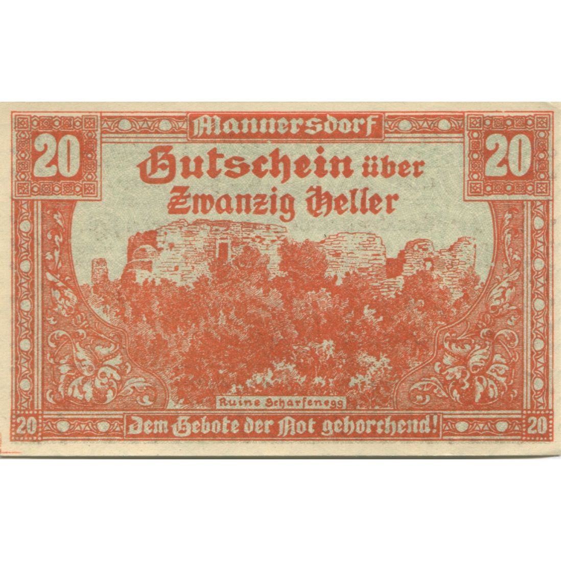 Banknote, Austria, Mannersdorf, 20 Heller, ruine, 1920 UNC(63) Mehl:FS 577a