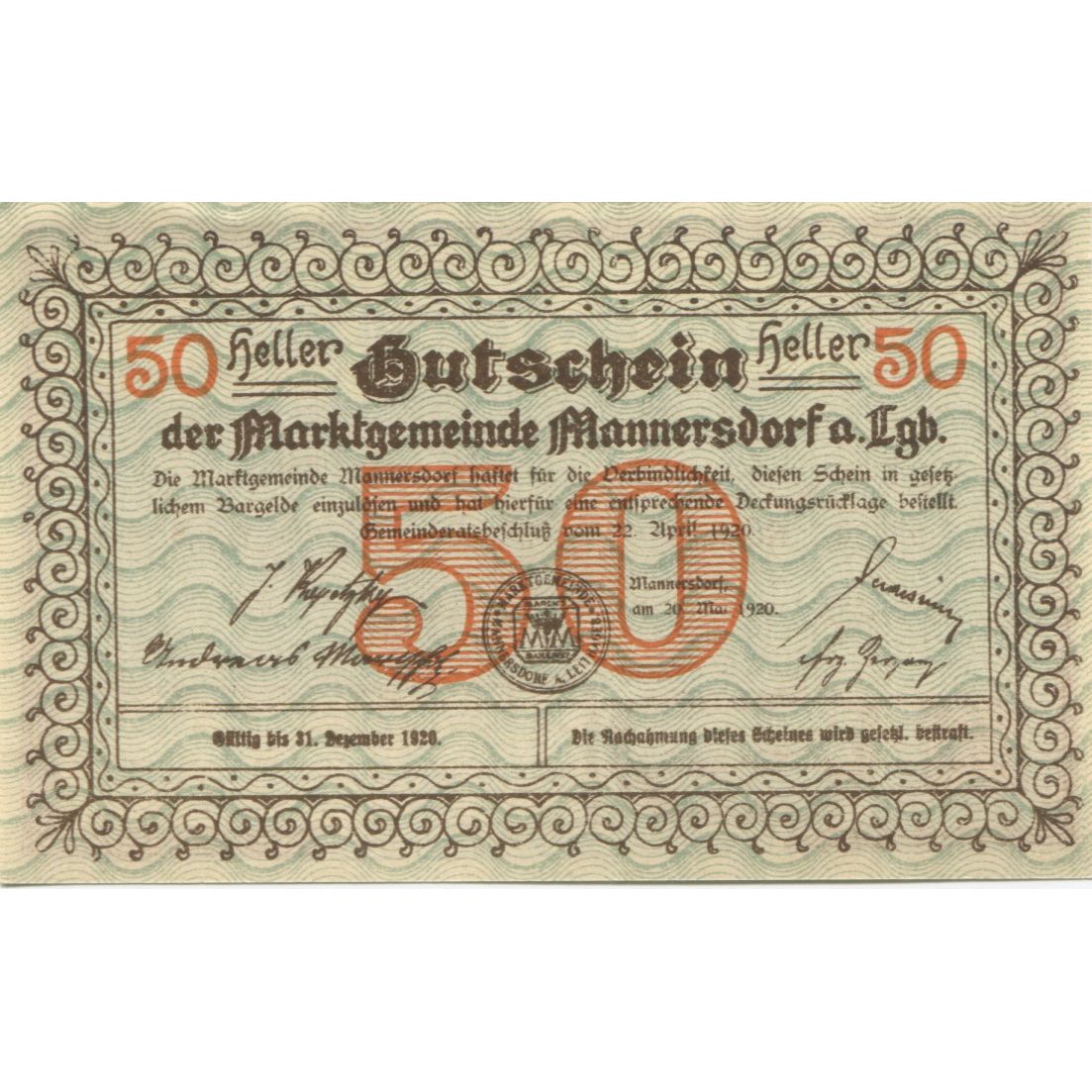 Banknote, Austria, Mannersdorf, 50 Heller, paysage, 1920 UNC(63) Mehl:FS 577a