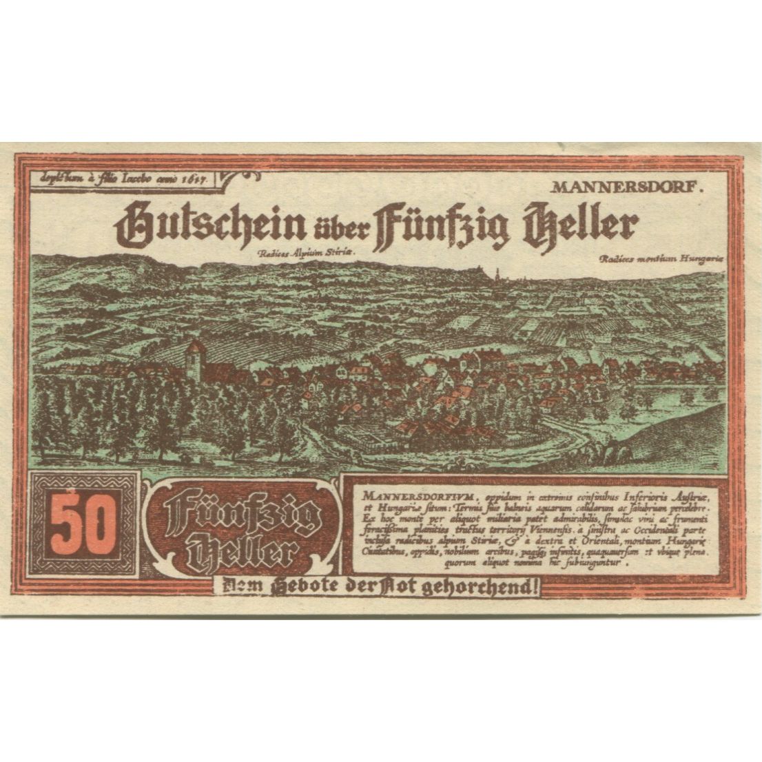 Banknote, Austria, Mannersdorf, 50 Heller, paysage, 1920 UNC(63) Mehl:FS 577a