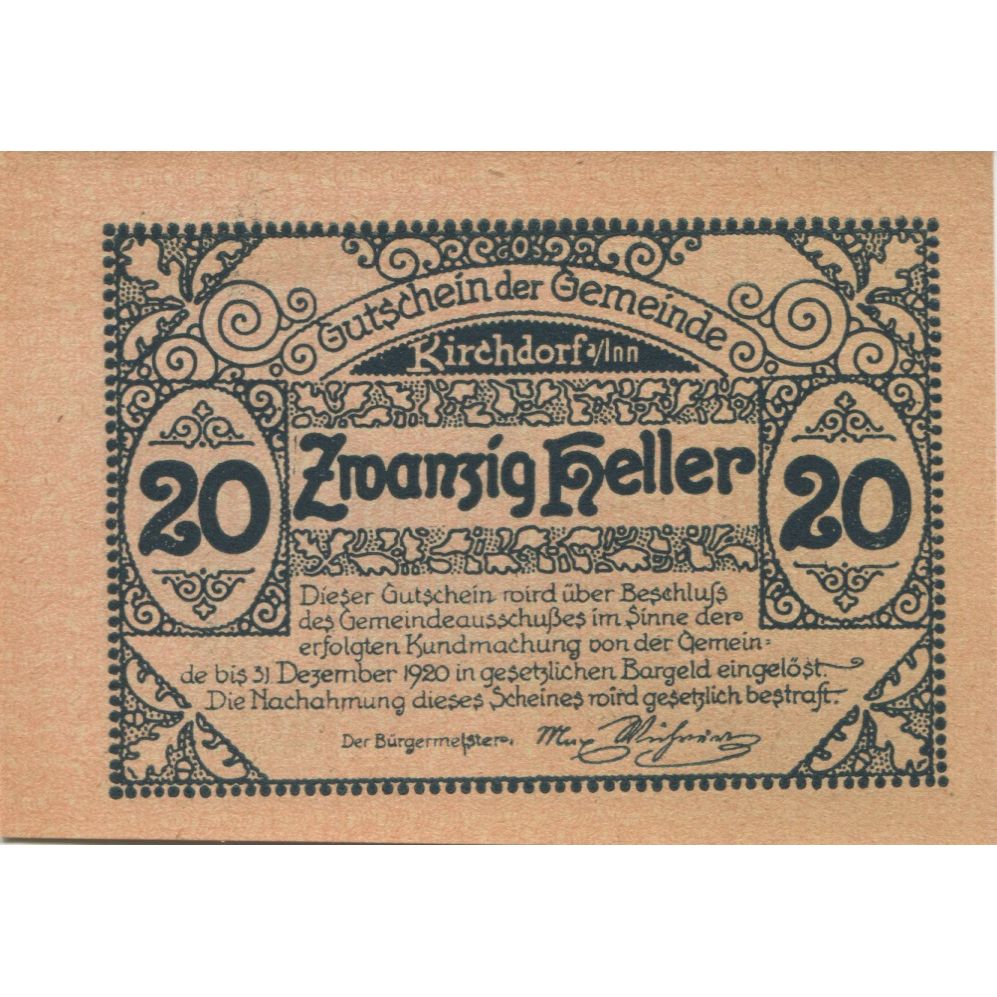 Banknote, Austria, Kirchdorf, 20 Heller, Eglise, 1920 UNC(63) Mehl:FS 444a