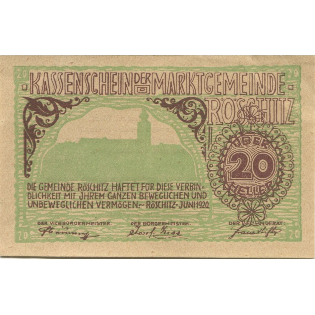 Banknote, Austria, Roschitz, 20 Heller, Eglise, 1920 UNC(63) Mehl:FS 844