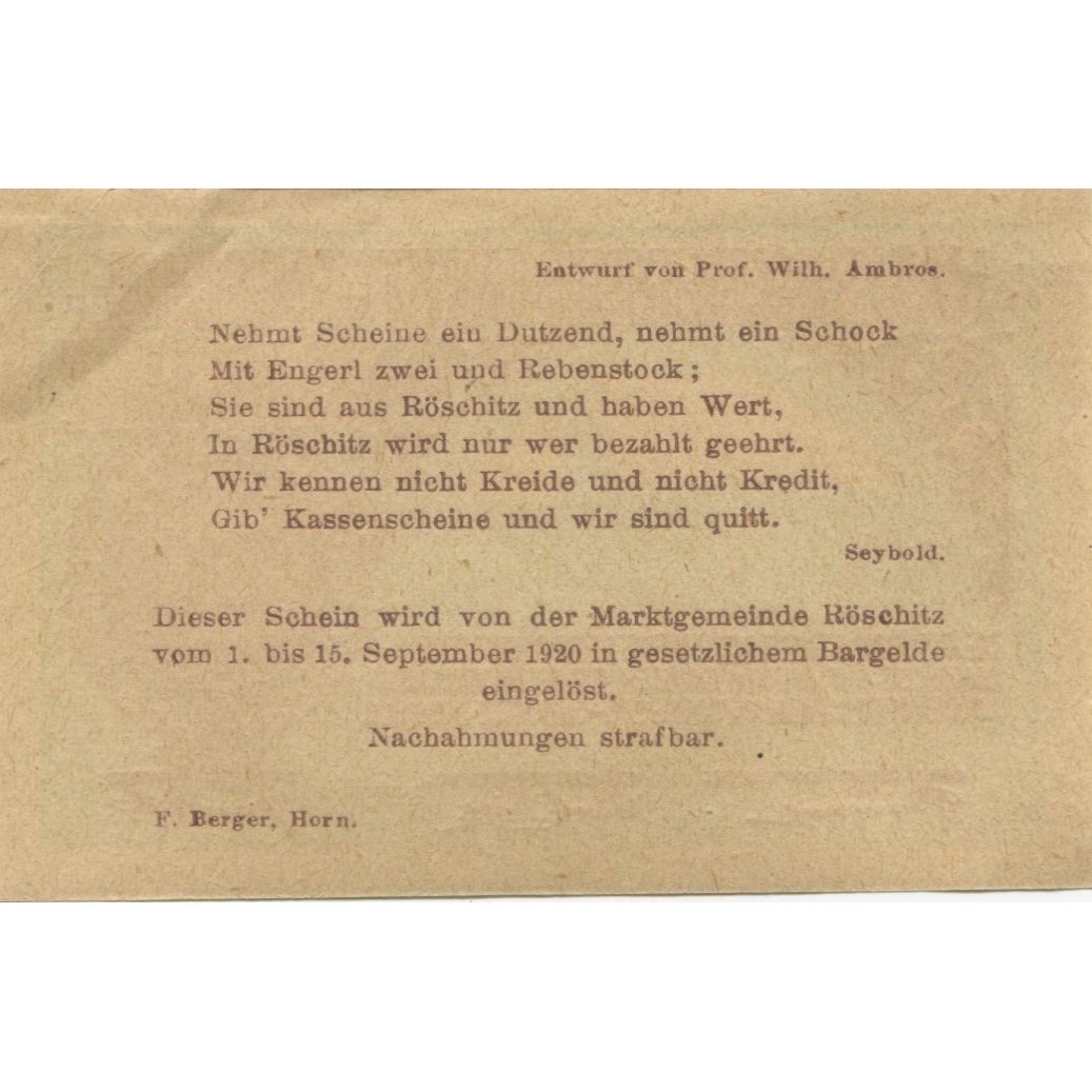 Banknote, Austria, Roschitz, 20 Heller, Eglise, 1920 UNC(63) Mehl:FS 844