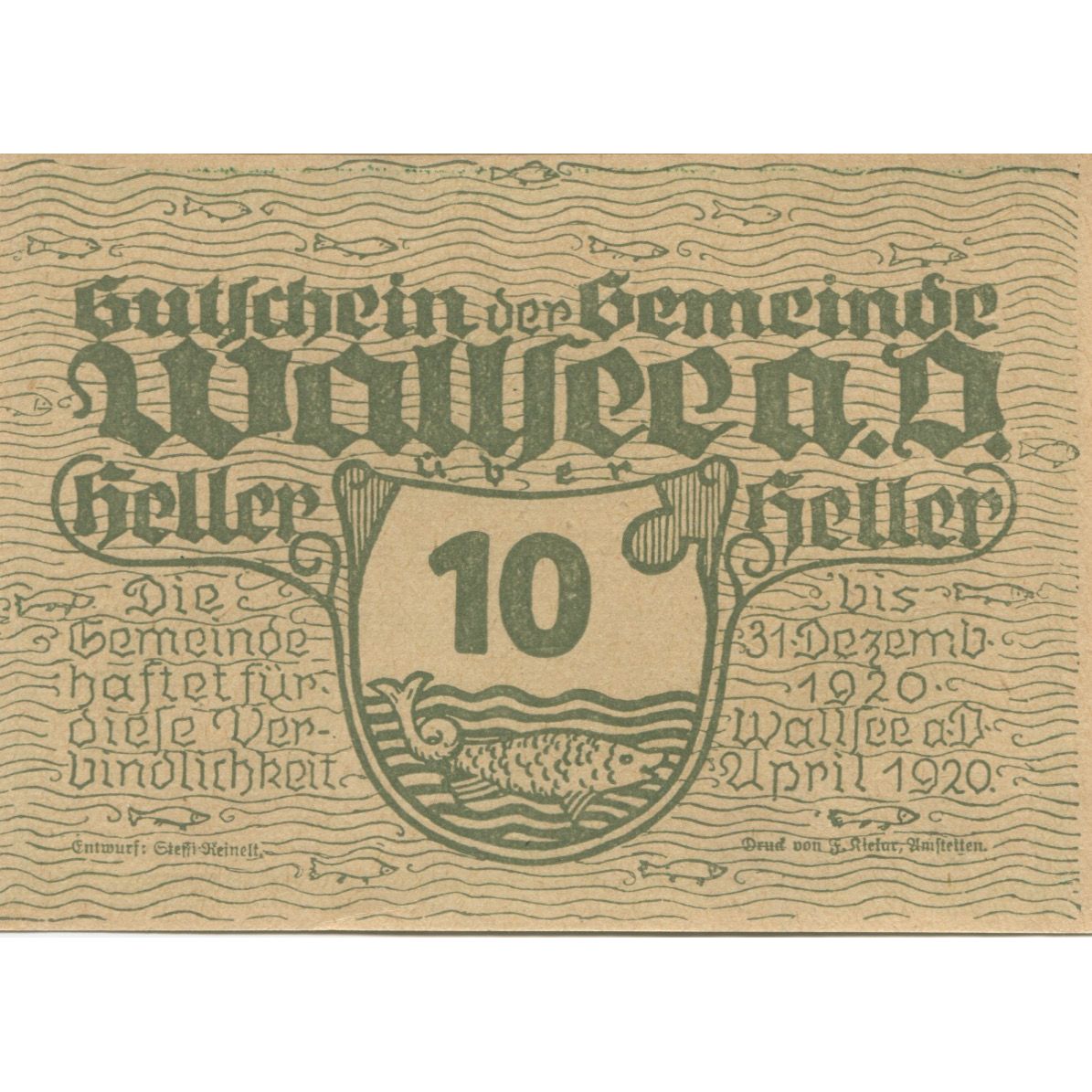 Banknote, Austria, Wallsee, 10 Heller, château, 1920 UNC(63) Mehl:FS 1137Ib