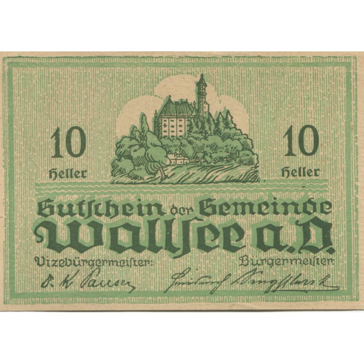 Banknote, Austria, Wallsee, 10 Heller, château, 1920 UNC(63) Mehl:FS 1137Ib