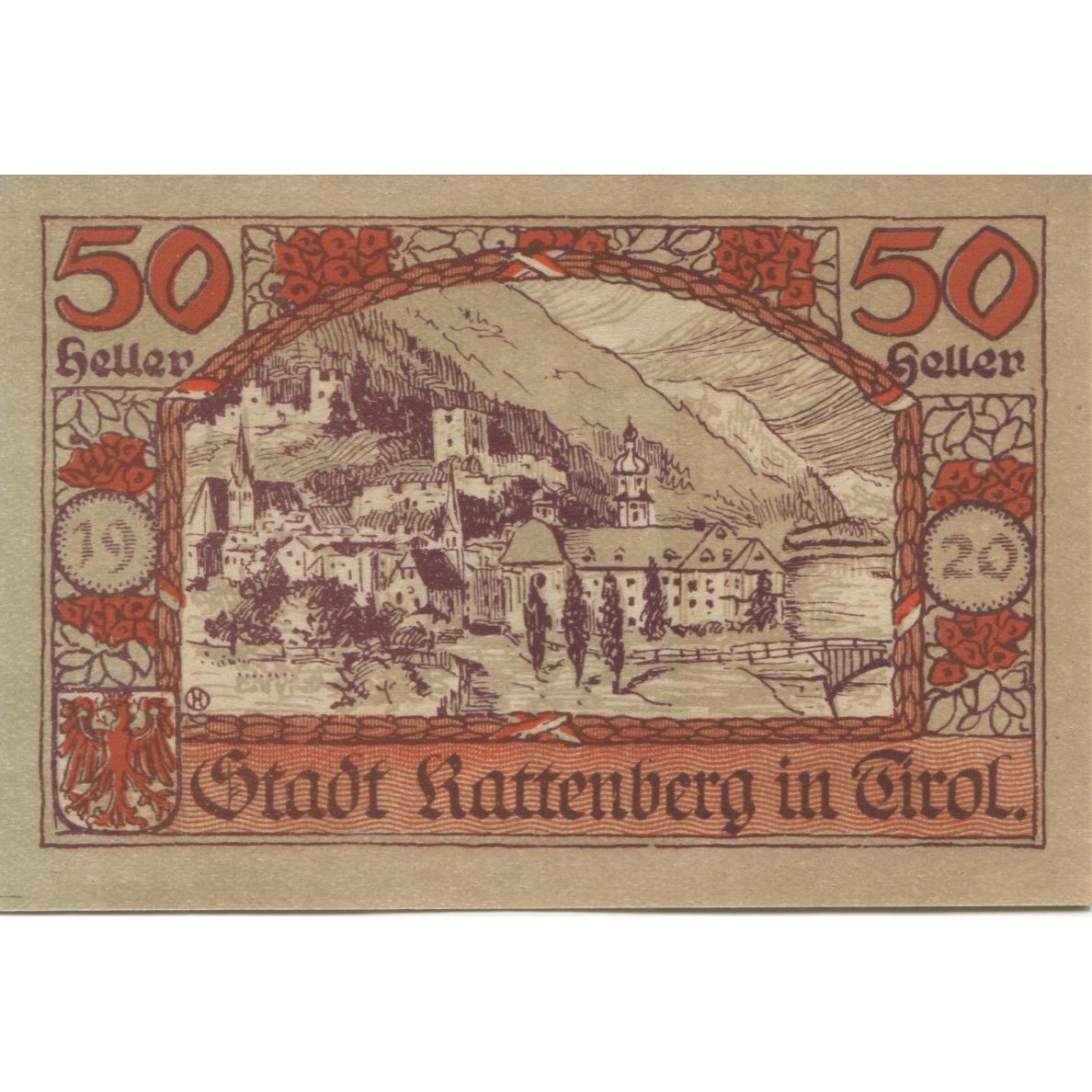 Banknote, Austria, Rattenberg, 50 Heller, personnage, 1920 UNC(63) Mehl:FS 821I