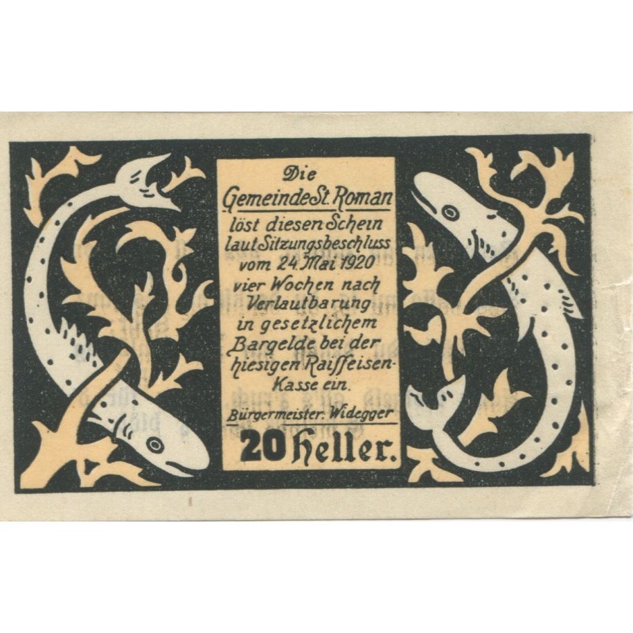 Banknote, Austria, St Roman, 20 Heller, poisson, 1920, UNC(63), Mehl:FS 935a