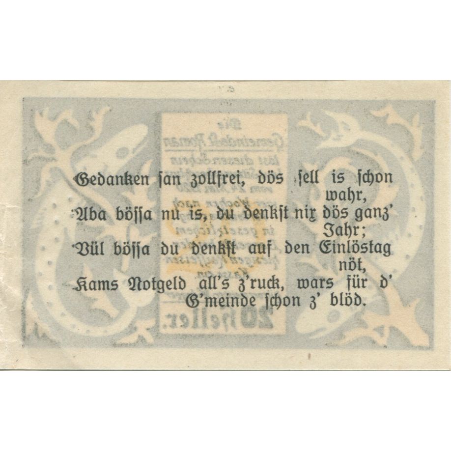 Banknote, Austria, St Roman, 20 Heller, poisson, 1920, UNC(63), Mehl:FS 935a