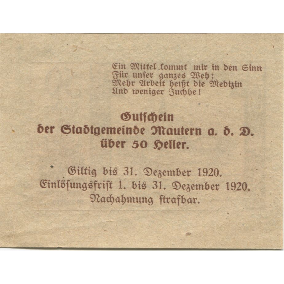 Banknote, Austria, Mautern, 50 Heller, Eglise, 1920 UNC(63) Mehl:FS 600IAb