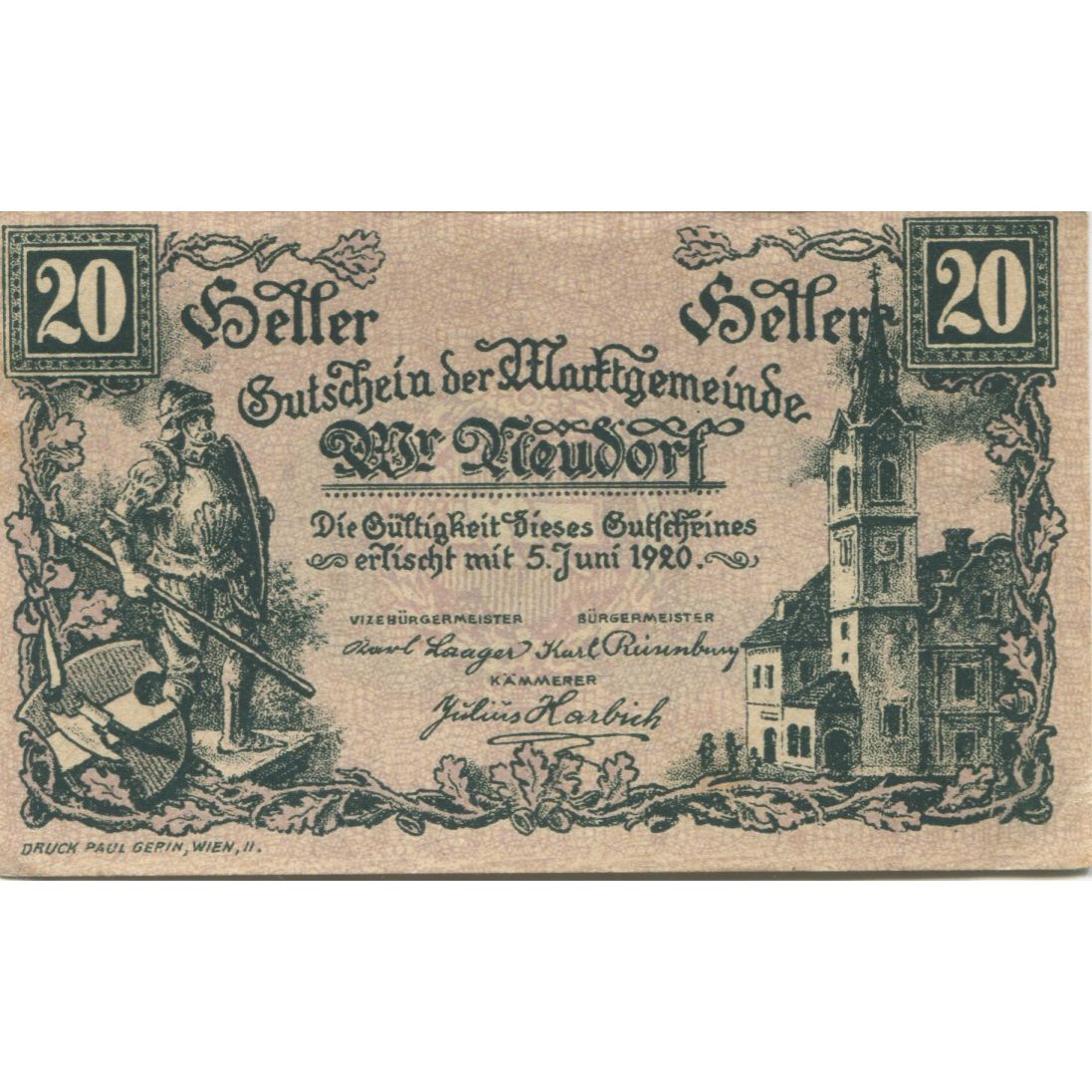 Banknote, Austria, Neudorf, 20 Heller, château, 1920 UNC(63), Mehl:FS 1229Ia