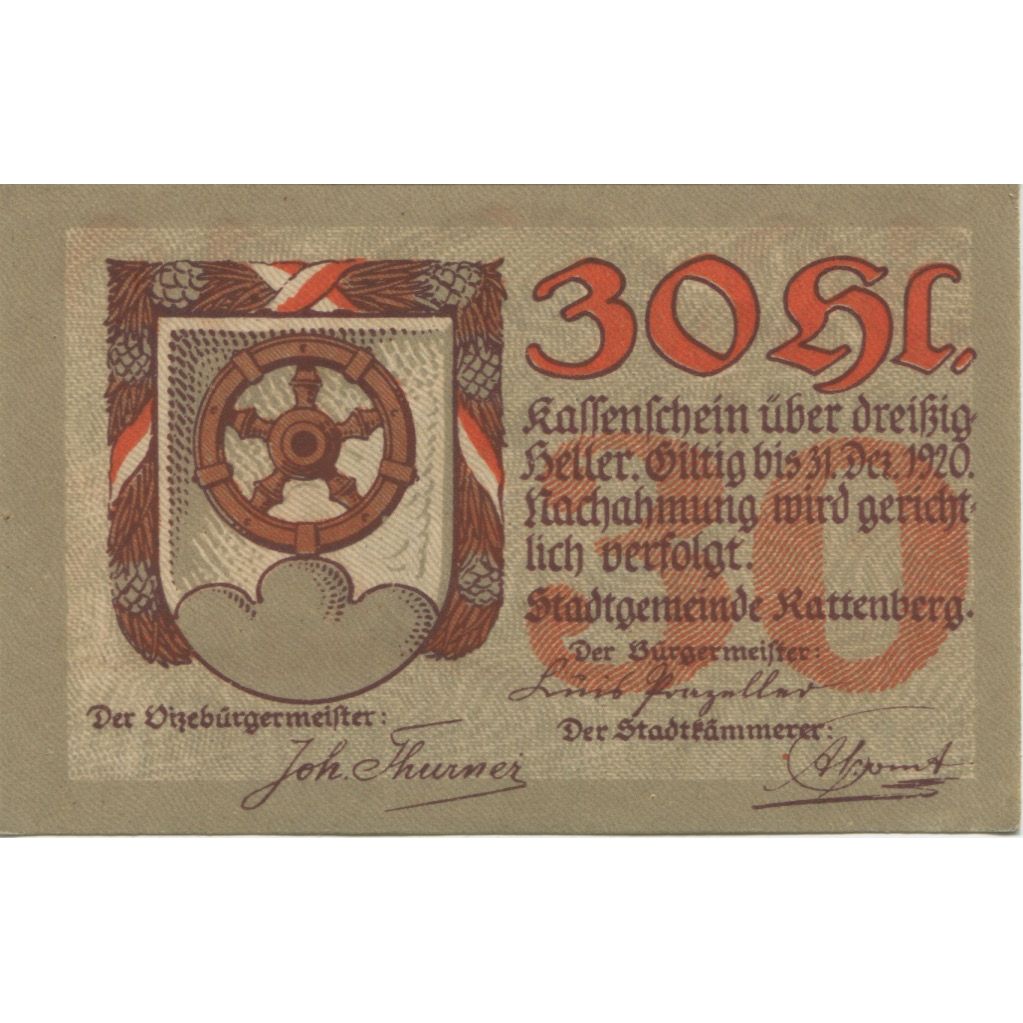 Banknote, Austria, Rattenberg, 30 Heller, Blason, 1920 UNC(63) Mehl:FS 821I