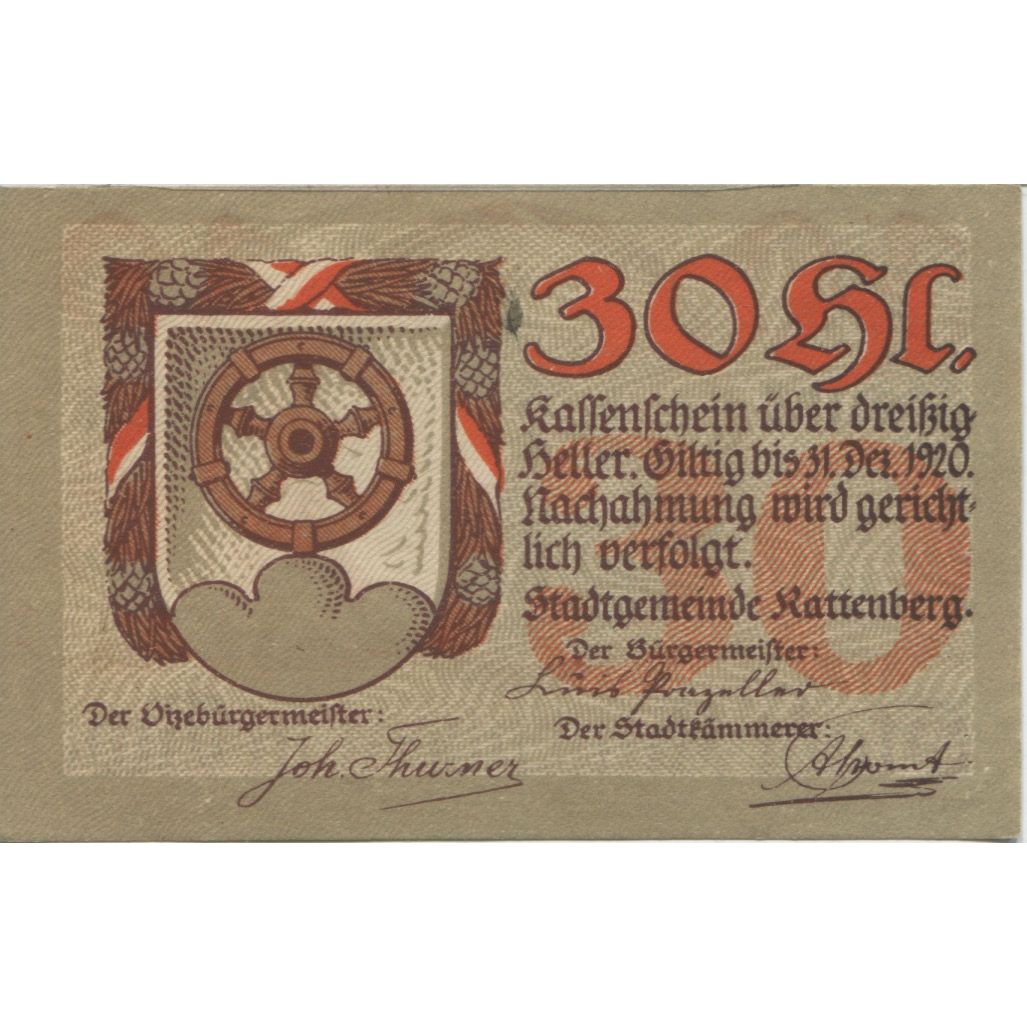 Banknote, Austria, Rattenberg, 30 Heller, rue, 1920 UNC(63) Mehl:FS 821I