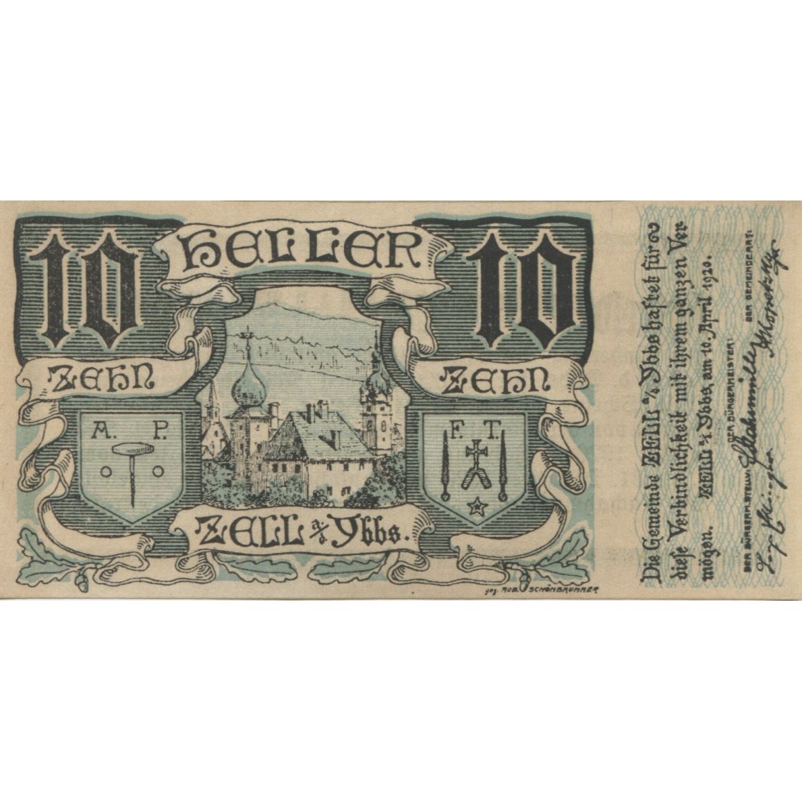 Banknote, Austria, Zell a/d Ybbs, 10 Heller, château 1920 UNC(63) Mehl:FS 1272aC