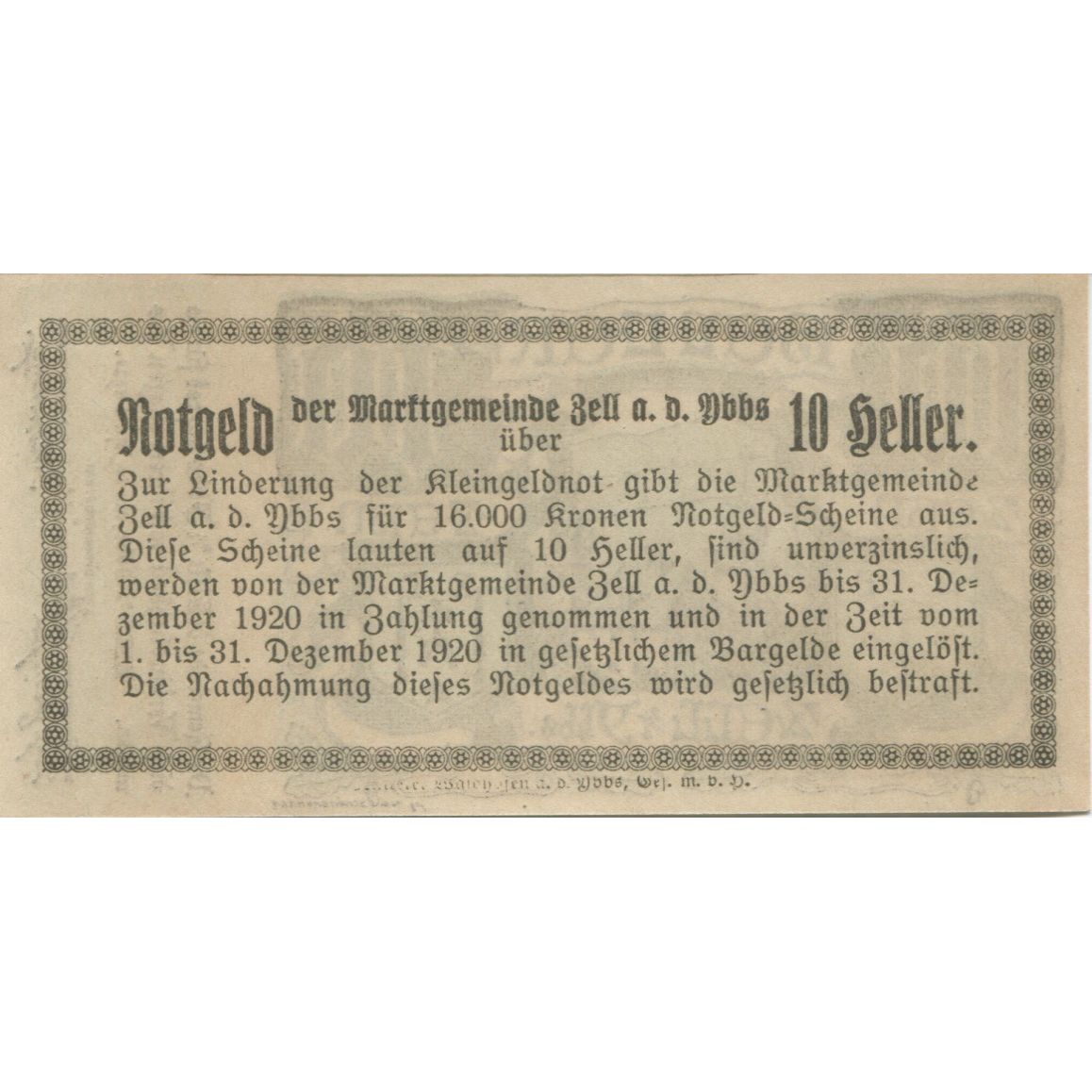 Banknote, Austria, Zell a/d Ybbs, 10 Heller, château 1920 UNC(63) Mehl:FS 1272aC