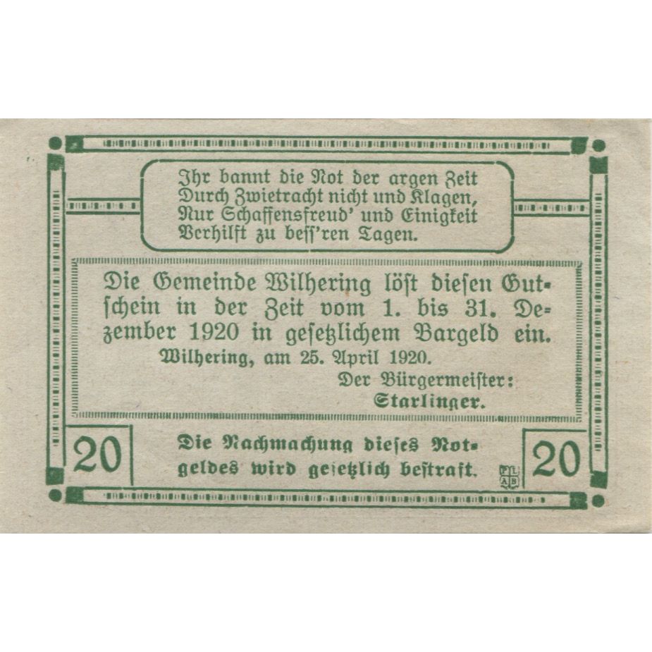 Banknote, Austria, Wilhering, 20 Heller, Eglise, 1920 UNC(63) Mehl:FS 1236