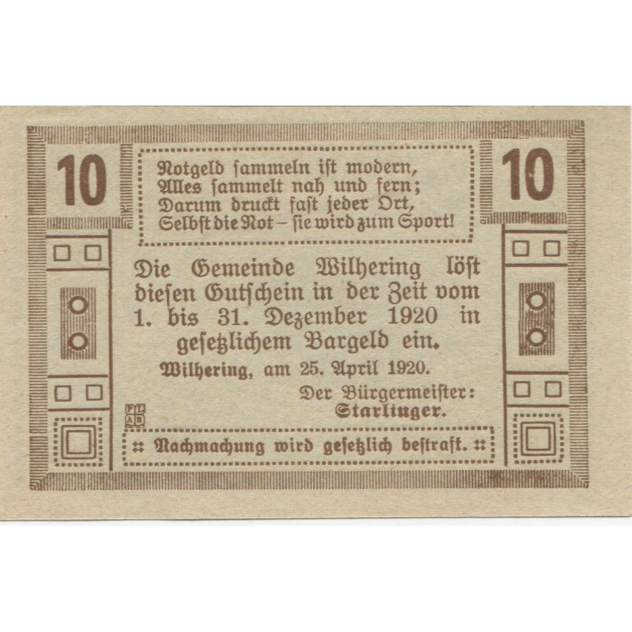 Banknote, Austria, Wilhering, 10 Heller, Eglise, 1920 UNC(63) Mehl:FS 1236