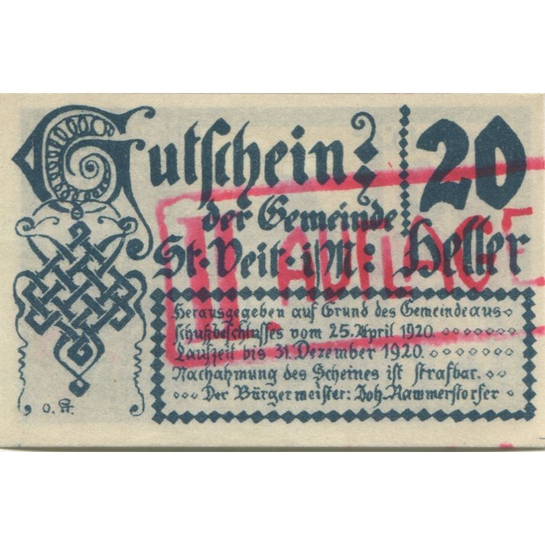 Banknote, Austria, St Veit, 20 Heller, château 1920 UNC(63) Mehl:FS 944a