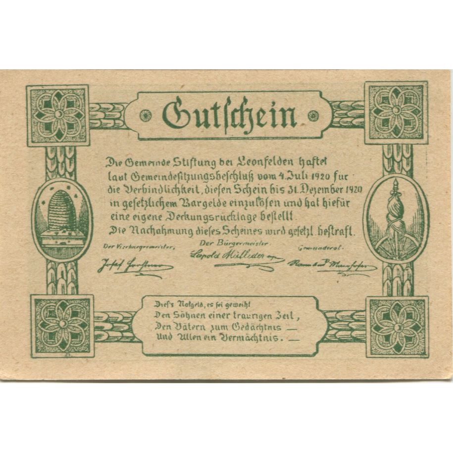Banknote, Austria, Leonfelden, 20 Heller, montagne, 1920 UNC(63) Mehl:FS 1037a