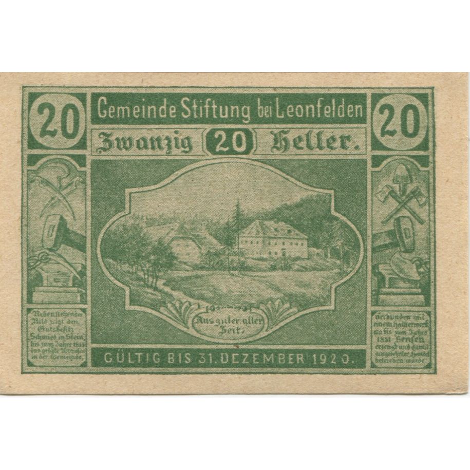 Banknote, Austria, Leonfelden, 20 Heller, montagne, 1920 UNC(63) Mehl:FS 1037a