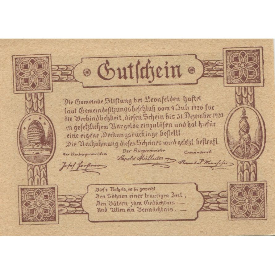 Banknote, Austria, Leonfelden, 30 Heller, blé 1920-12-31, UNC(63) Mehl:FS 1037a