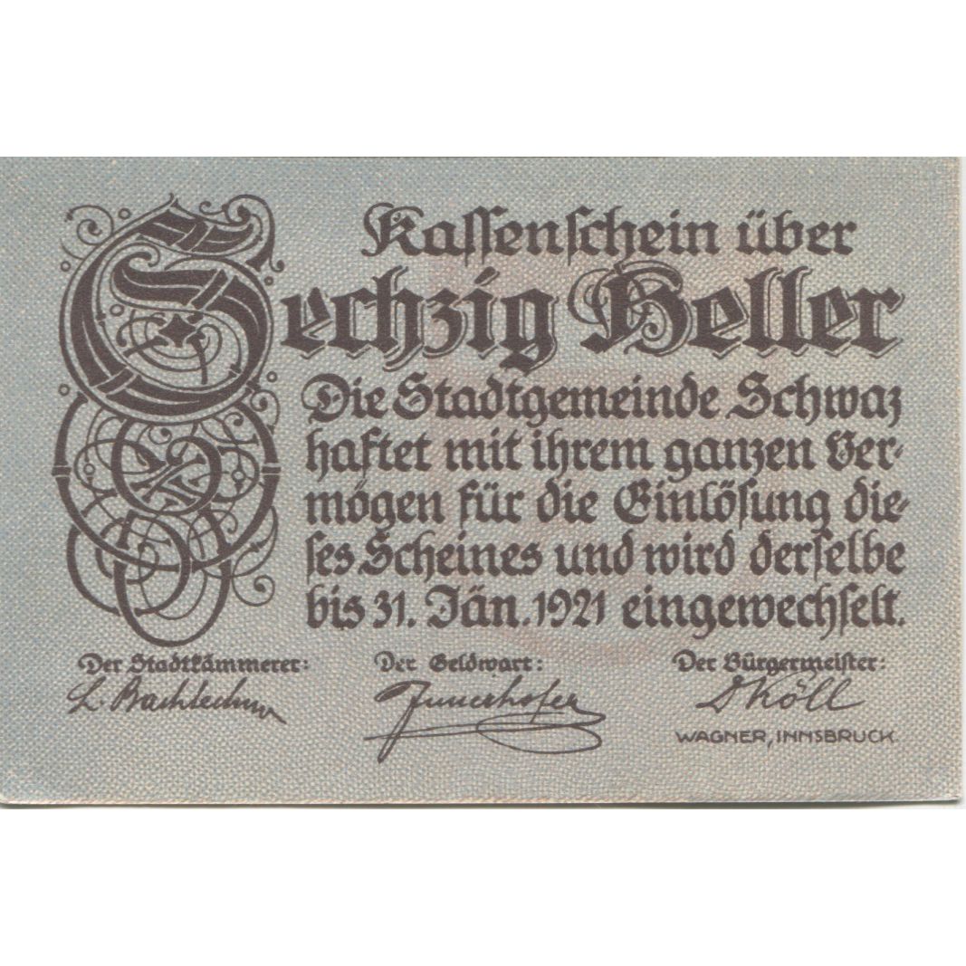 Banknote, Austria, Schwaz, 60 Heller, montagne, 1920 UNC(63) Mehl:FS 983a
