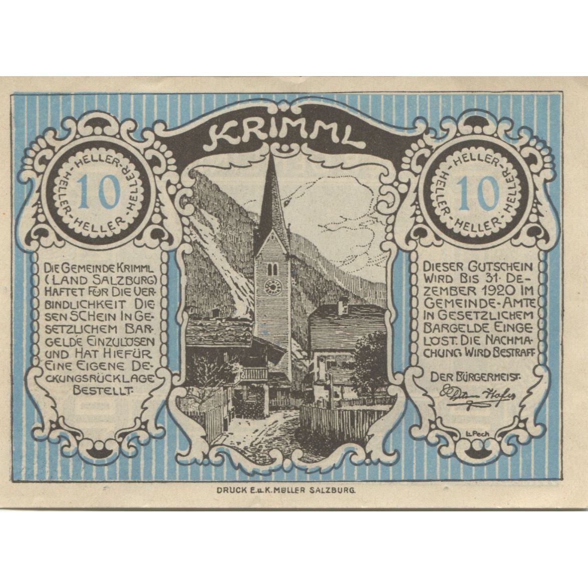 Banknote, Austria, Krimml, 10 Heller, Eglise 1920-12-31, UNC(63), Mehl:FS 483a