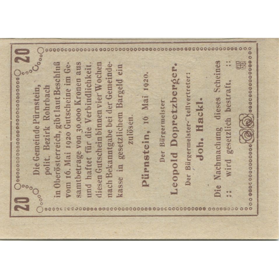 Banknote, Austria, Pürnstein, 20 Heller, Mine, 1920, UNC(63), Mehl:FS 802a