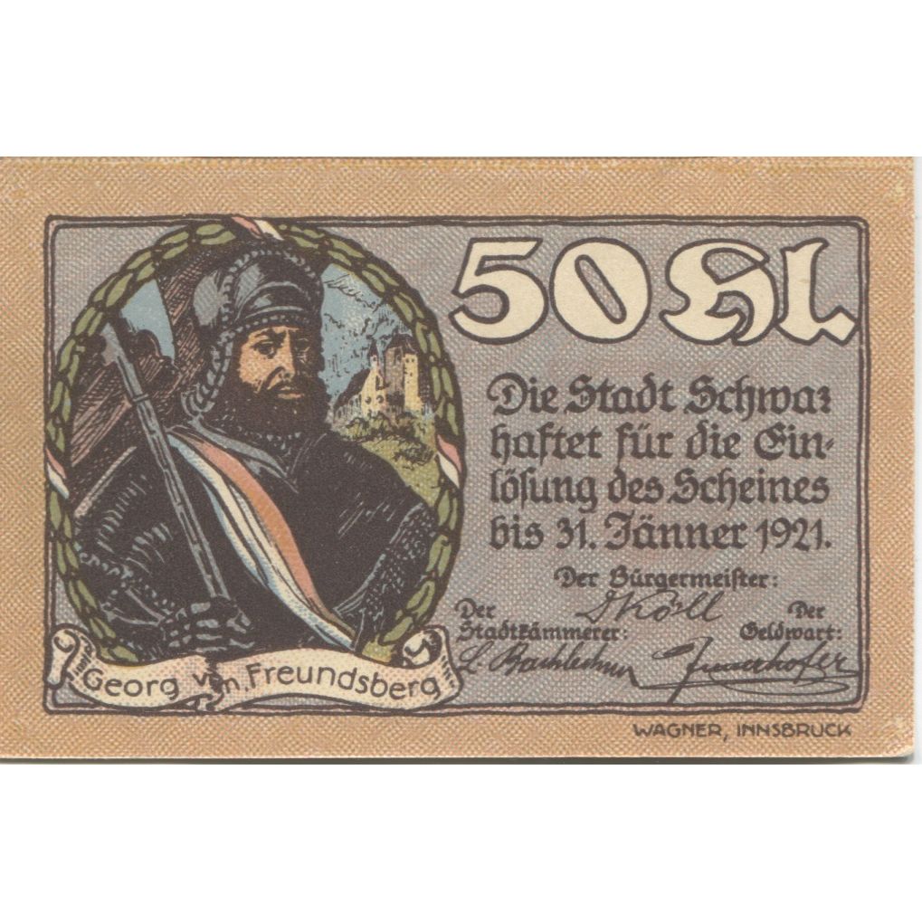 Banknote, Austria, Schwaz, 50 Heller, château 1920-12-31, UNC(63) Mehl:FS 983a
