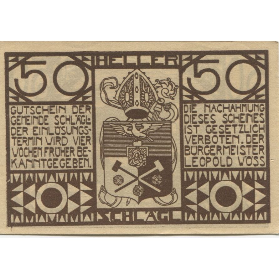 Banknote, Austria, Schlägl, 50 Heller, Blason, 1920, UNC(63), Mehl:FS 960a