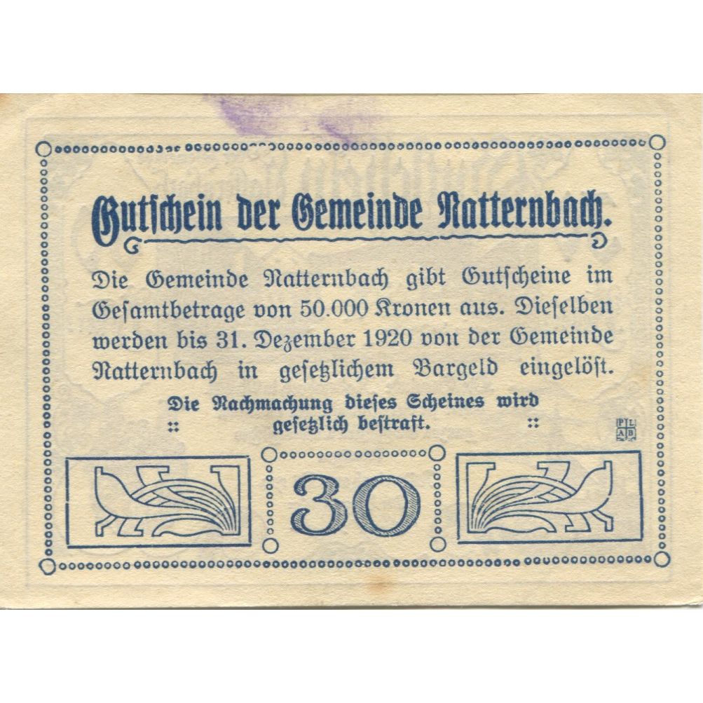 Banknote, Austria, Natternbach, 30 Heller, place, 1920, AU(55-58) Mehl:FS 643