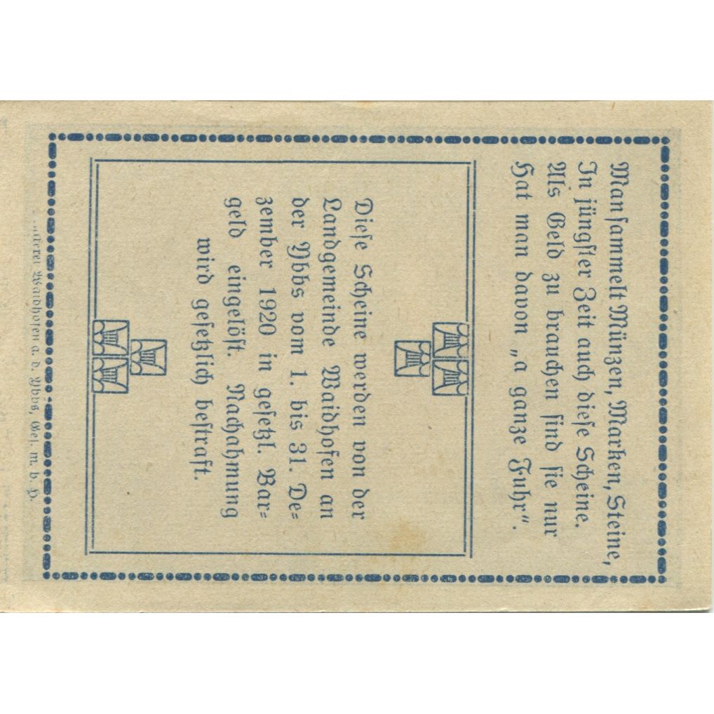 Banconote, Austria, Waidhofen, 60 Heller, ferme 1920-12-31, SPL, Mehl:FS 1126a