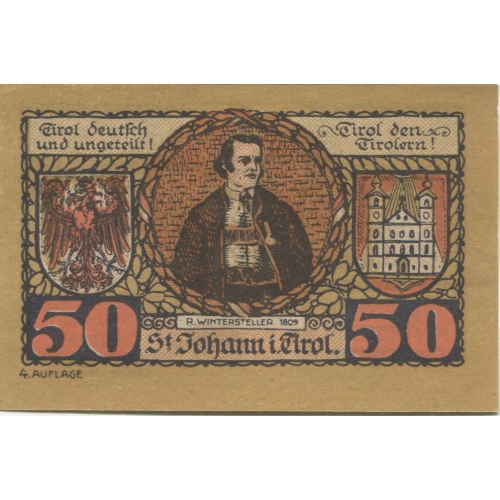 Banknote, Austria, St Johann, 50 Heller, statue, 1921 UNC(63) Mehl:FS 898b