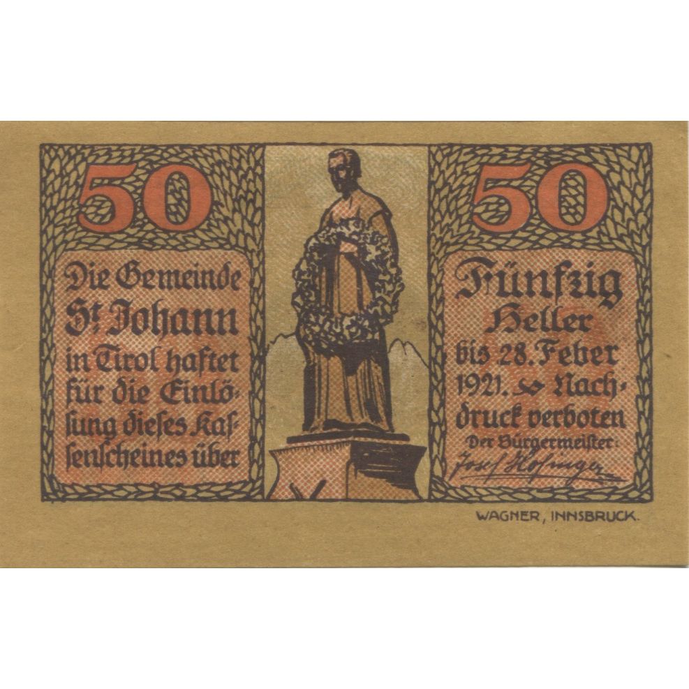 Banknote, Austria, St Johann, 50 Heller, statue, 1921 UNC(63) Mehl:FS 898b