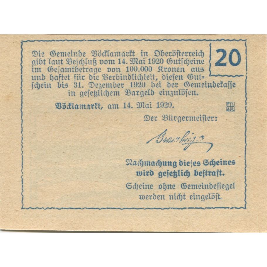 Banknote, Austria, Vöcklamarkt, 20 Heller, paysage, 1920 UNC(63) Mehl:FS 1117