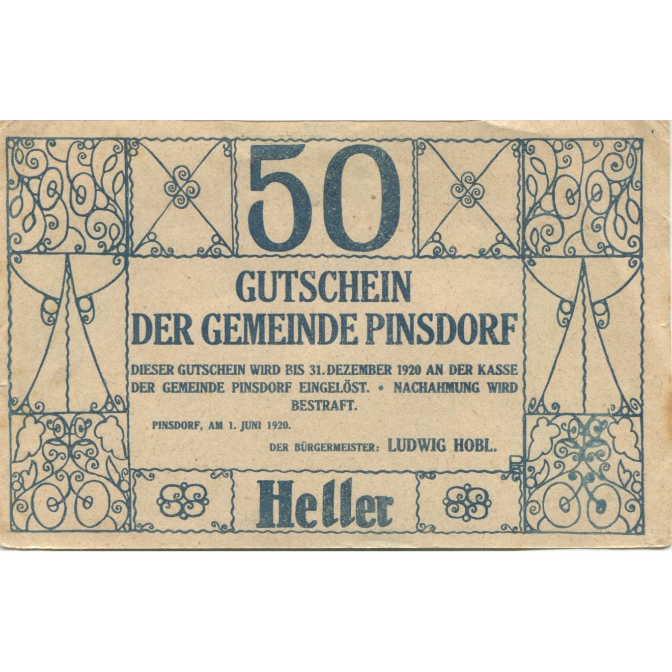 Banknote, Austria, Pinsdorf, 50 Heller, arbre, 1920 UNC(60-62) Mehl:FS 750