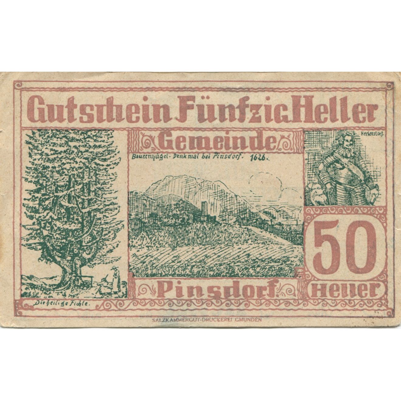 Banknote, Austria, Pinsdorf, 50 Heller, arbre, 1920 UNC(60-62) Mehl:FS 750
