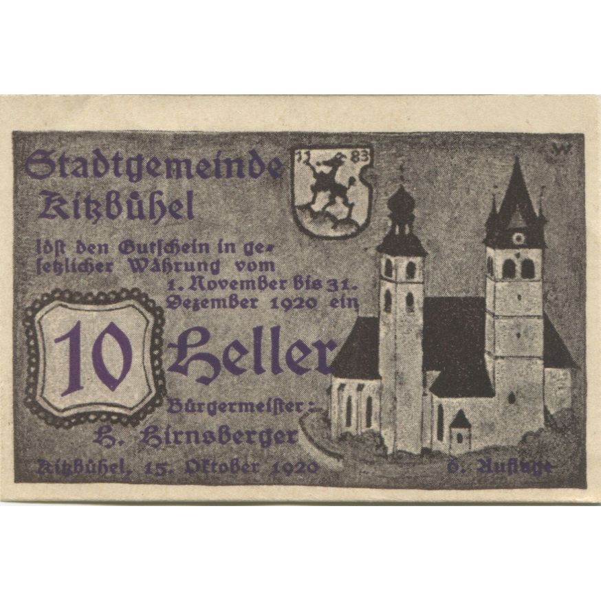 Banknote, Austria, Kitzbühel, 10 Heller, château, 1920 UNC(63) Mehl:FS 449d