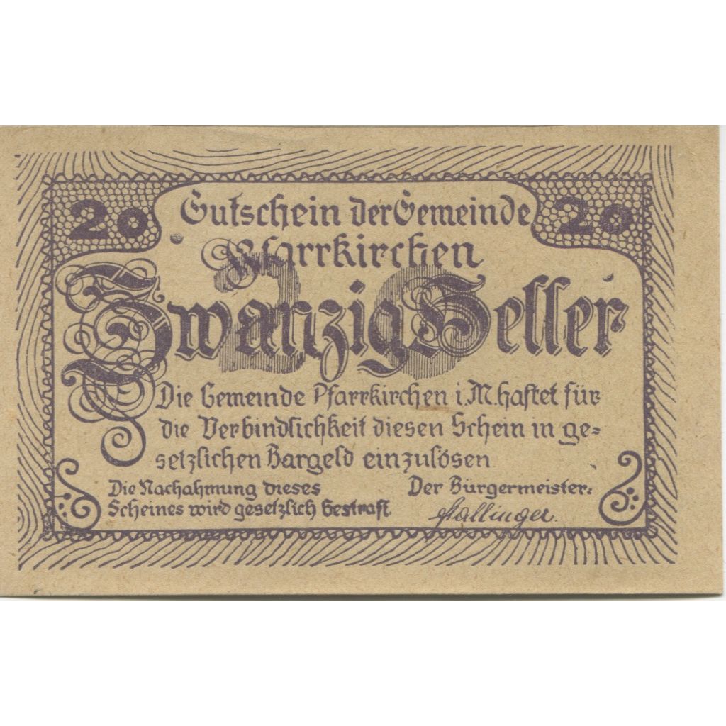 Banknote, Austria, Pfarrkirchen, 20 Heller, village, 1920 UNC(63) Mehl:FS 744Ic
