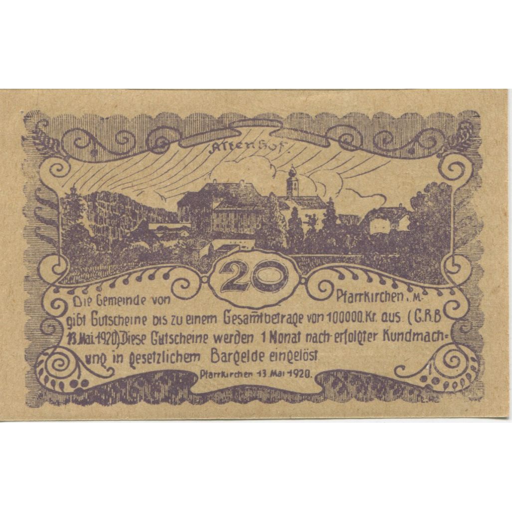 Banknote, Austria, Pfarrkirchen, 20 Heller, village, 1920 UNC(63) Mehl:FS 744Ic