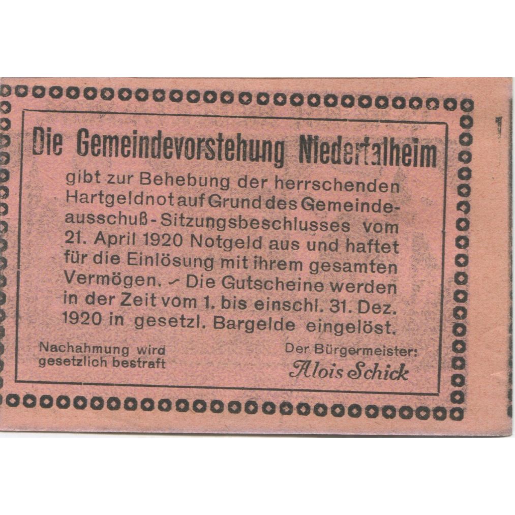 Banknote, Austria, Niedertalheim, 50 Heller, Eglise, 1920, UNC(63) Mehl:FS 672a