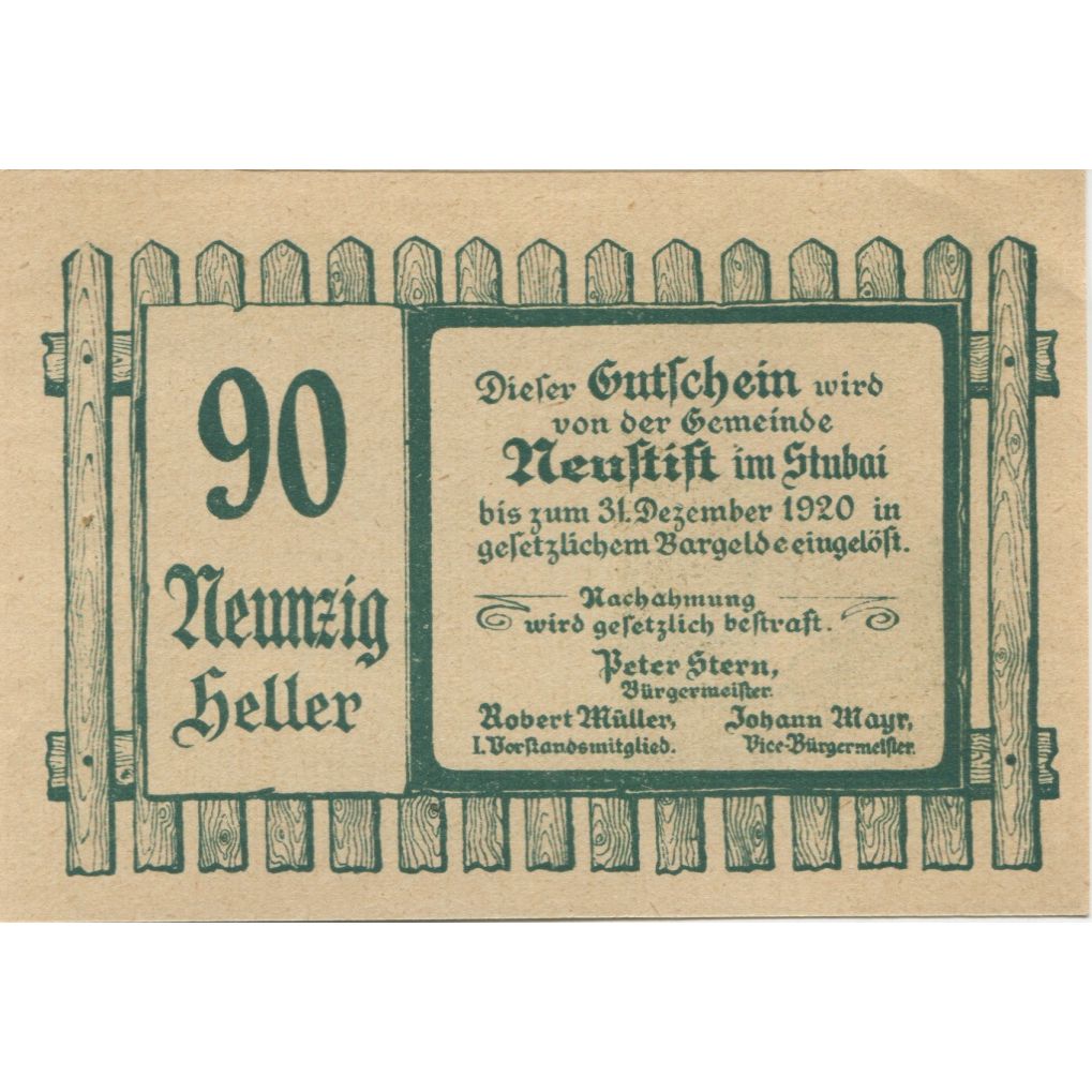 Banknote, Austria, Neustift, 90 Heller, paysage 1920-12-31, UNC(63) Mehl:FS 667