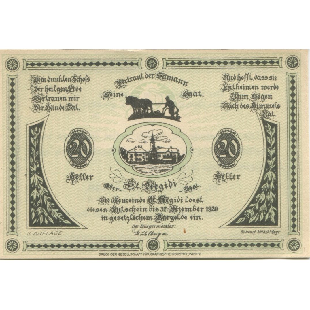 Banknote, Austria, St Aegidi, 20 Heller, champs, 1920, UNC(63) Mehl:FS 875IIa