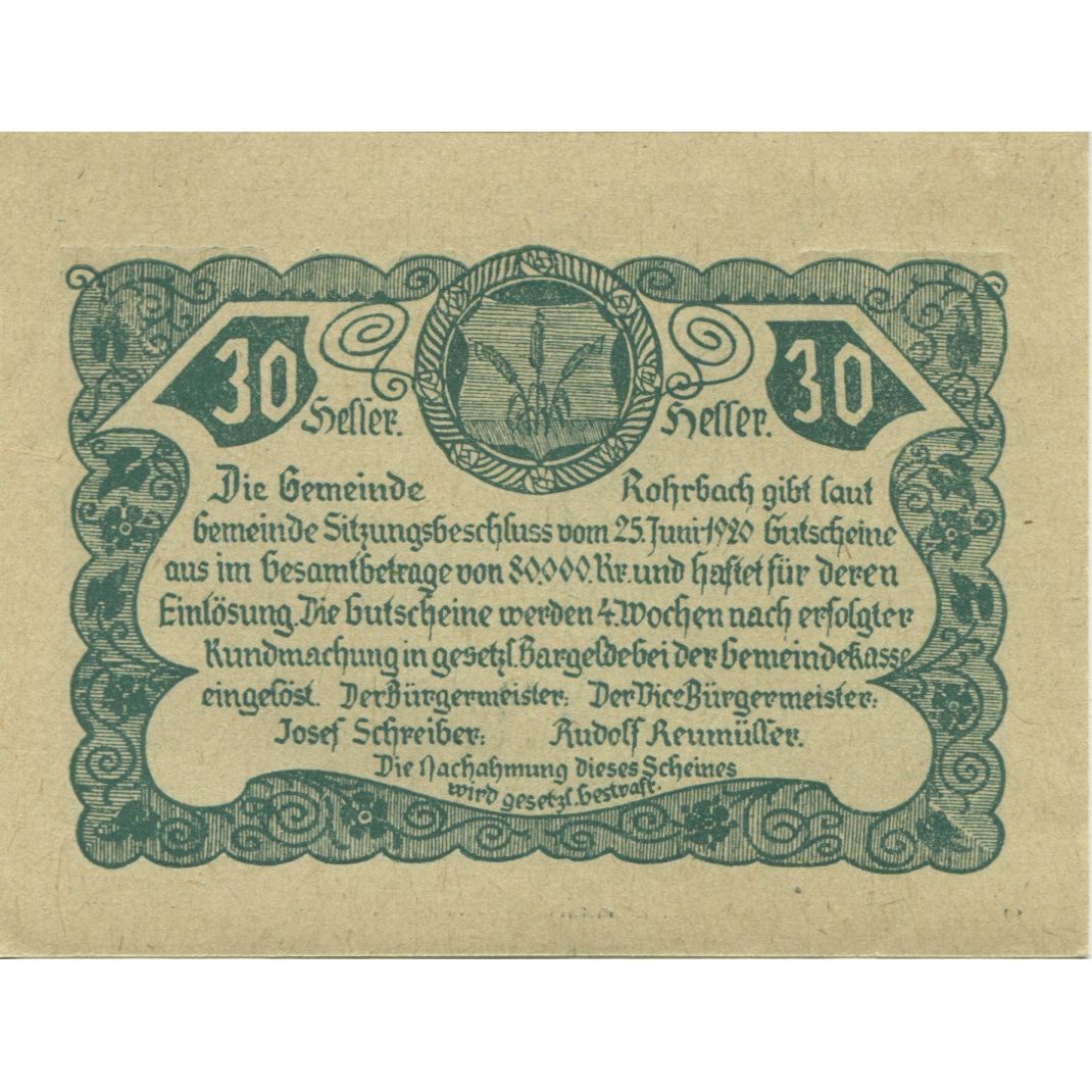 Banknote, Austria, Rohrbach, 30 Heller, rue, 1920, UNC(63), Mehl:FS 841b