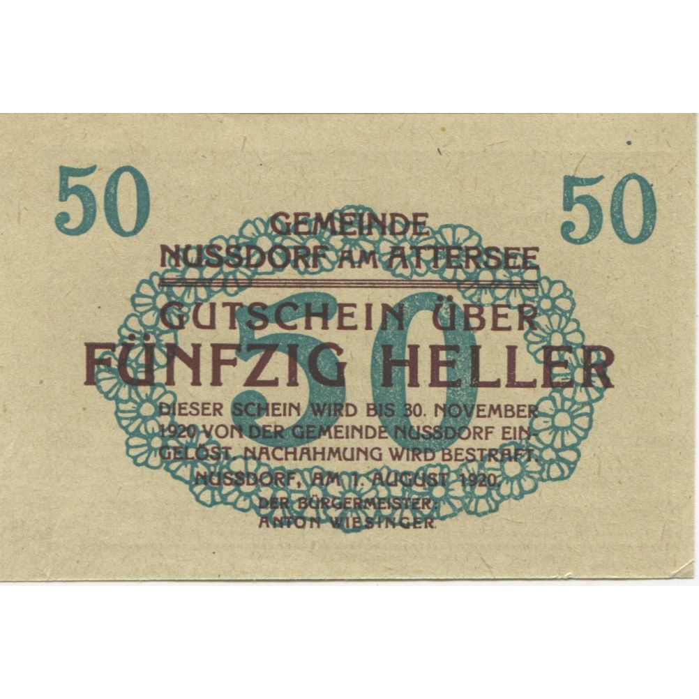Banknote, Austria, Nussdorf, 50 Heller, voilier, 1920 UNC(63) Mehl:FS 677a