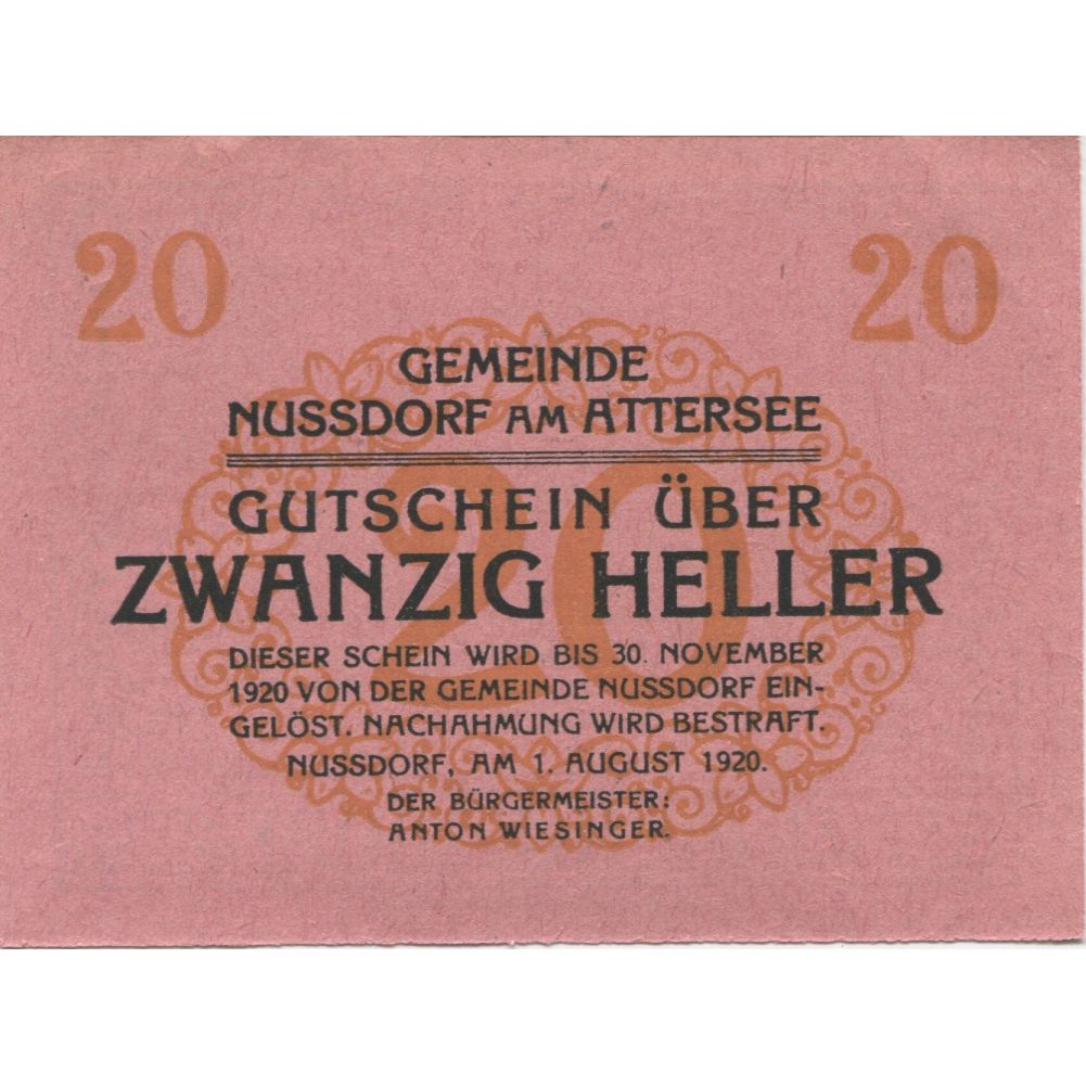 Banknote, Austria, Nussdorf, 20 Heller, Eglise, 1920 UNC(63) Mehl:FS 677a