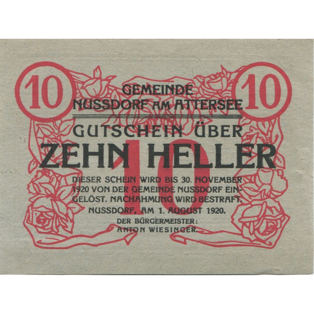 Banknote, Austria, Nussendorf, 10 Heller, bateau, 1920 UNC(63) Mehl:FS 677a
