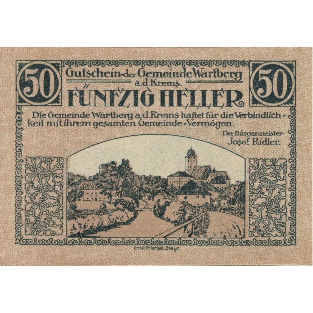Banknote, Austria, Wartberg, 50 Heller, village, 1921 UNC(63) Mehl:FS 1141a